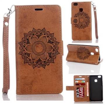 Embossing Retro Matte Mandala Flower Leather Wallet Case for Huawei P9 Lite G9 Lite - Brown