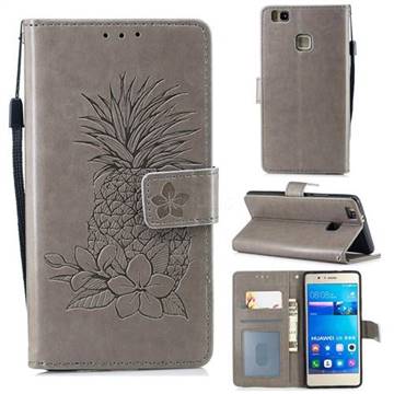 Embossing Flower Pineapple Leather Wallet Case for Huawei P9 Lite G9 Lite - Gray