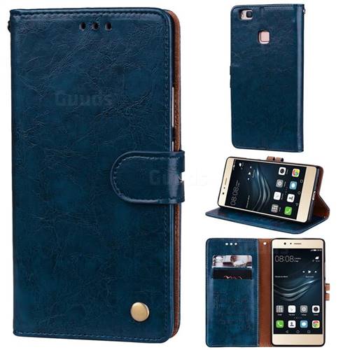 Luxury Retro Oil Wax PU Leather Wallet Phone Case for Huawei P9 Lite G9 Lite - Sapphire