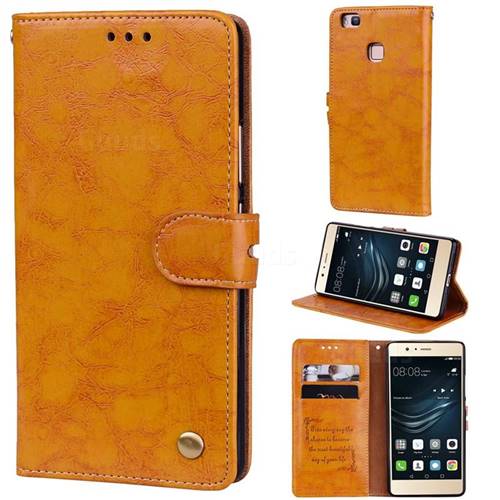 Luxury Retro Oil Wax PU Leather Wallet Phone Case for Huawei P9 Lite G9 Lite - Orange Yellow