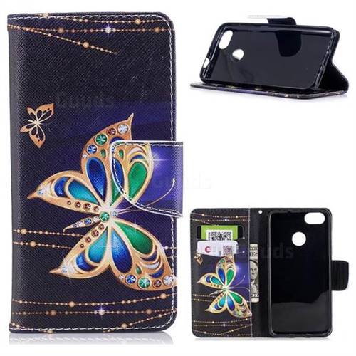 Golden Shining Butterfly Leather Wallet Case for Huawei P9 Lite Mini (Y6 Pro 2017)