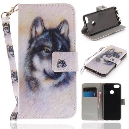 Snow Wolf Hand Strap Leather Wallet Case for Huawei P9 Lite Mini (Y6 Pro 2017)