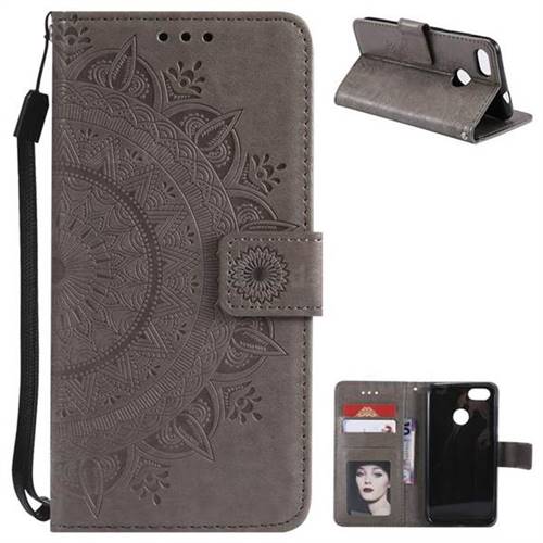 Intricate Embossing Datura Leather Wallet Case for Huawei P9 Lite Mini (Y6 Pro 2017) - Gray