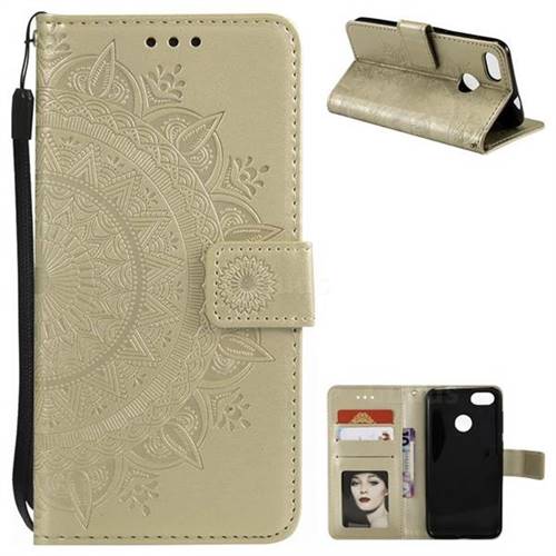 Intricate Embossing Datura Leather Wallet Case for Huawei P9 Lite Mini (Y6 Pro 2017) - Golden
