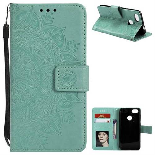 Intricate Embossing Datura Leather Wallet Case for Huawei P9 Lite Mini (Y6 Pro 2017) - Mint Green
