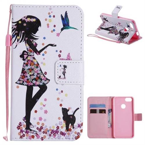 Petals and Cats PU Leather Wallet Case for Huawei P9 Lite Mini (Y6 Pro 2017)