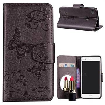 Embossing Butterfly Morning Glory Mirror Leather Wallet Case for Huawei P9 Lite Mini (Y6 Pro 2017) - Silver Gray