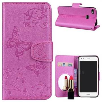 Embossing Butterfly Morning Glory Mirror Leather Wallet Case for Huawei P9 Lite Mini (Y6 Pro 2017) - Rose