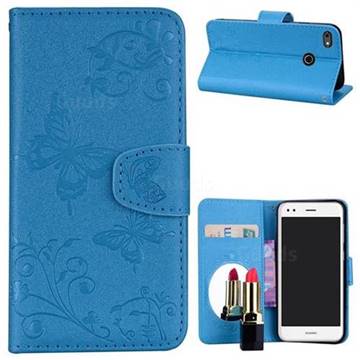 Embossing Butterfly Morning Glory Mirror Leather Wallet Case for Huawei P9 Lite Mini (Y6 Pro 2017) - Blue