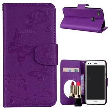 Embossing Butterfly Morning Glory Mirror Leather Wallet Case for Huawei P9 Lite Mini (Y6 Pro 2017) - Purple