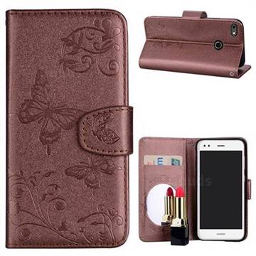 Embossing Butterfly Morning Glory Mirror Leather Wallet Case for Huawei P9 Lite Mini (Y6 Pro 2017) - Coffee