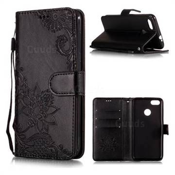 Intricate Embossing Lotus Mandala Flower Leather Wallet Case for Huawei P9 Lite Mini (Y6 Pro 2017) - Black