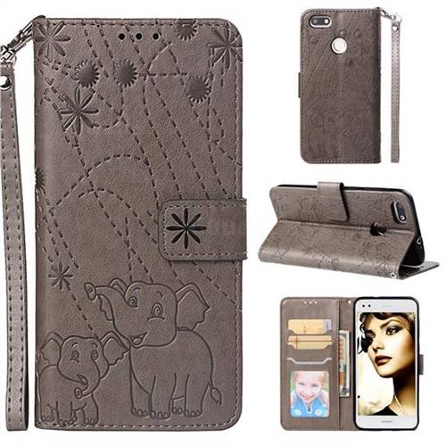 Embossing Fireworks Elephant Leather Wallet Case for Huawei P9 Lite Mini (Y6 Pro 2017) - Gray