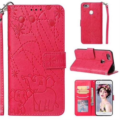 Embossing Fireworks Elephant Leather Wallet Case for Huawei P9 Lite Mini (Y6 Pro 2017) - Red