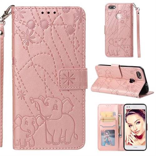 Embossing Fireworks Elephant Leather Wallet Case for Huawei P9 Lite Mini (Y6 Pro 2017) - Rose Gold
