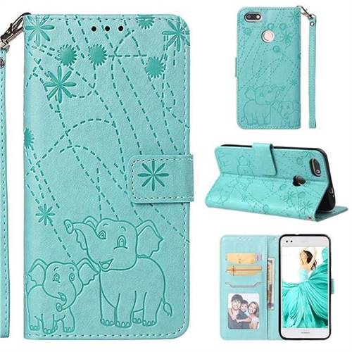 Embossing Fireworks Elephant Leather Wallet Case for Huawei P9 Lite Mini (Y6 Pro 2017) - Green