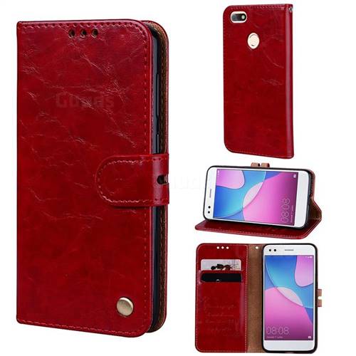 Luxury Retro Oil Wax PU Leather Wallet Phone Case for Huawei P9 Lite Mini (Y6 Pro 2017) - Brown Red