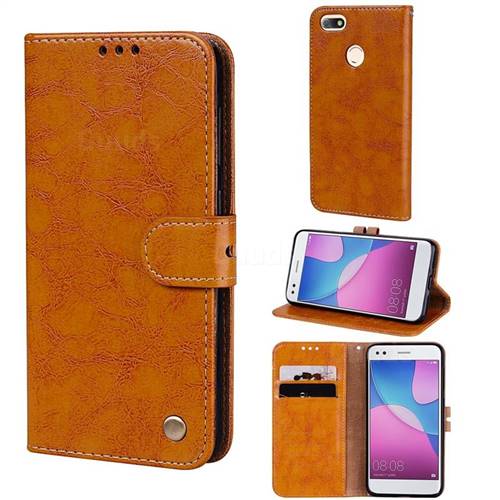 Luxury Retro Oil Wax PU Leather Wallet Phone Case for Huawei P9 Lite Mini (Y6 Pro 2017) - Orange Yellow