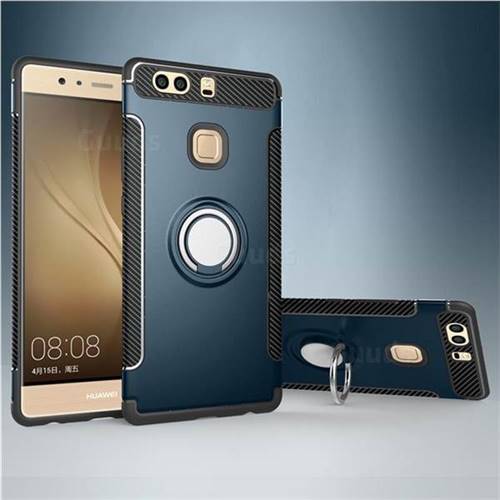 Armor Anti Drop Carbon PC + Silicon Invisible Ring Holder Phone Case for Huawei P9 Plus P9plus - Navy
