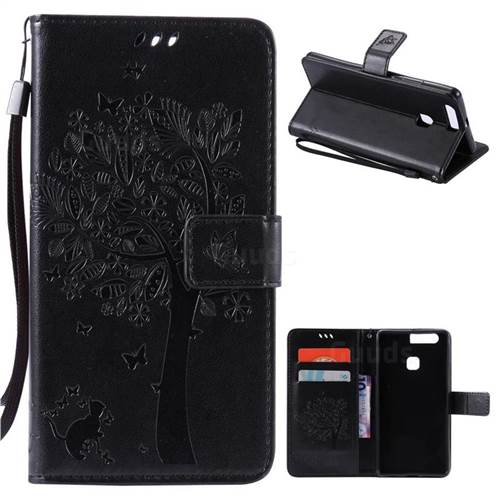 Embossing Butterfly Tree Leather Wallet Case for Huawei P9 Plus - Black