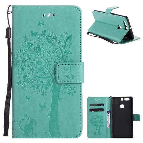Embossing Butterfly Tree Leather Wallet Case for Huawei P9 Plus P9plus - Cyan