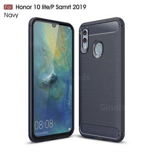 Luxury Carbon Fiber Brushed Wire Drawing Silicone TPU Back Cover for Huawei P Smart (2019) - Navy