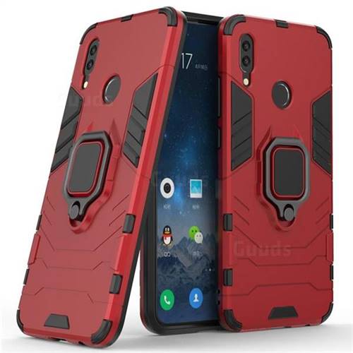 Black Panther Armor Metal Ring Grip Shockproof Dual Layer Rugged Hard Cover for Huawei P Smart (2019) - Red