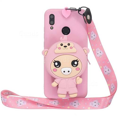 Pink Pig Neck Lanyard Zipper Wallet Silicone Case for Huawei P Smart (2019)