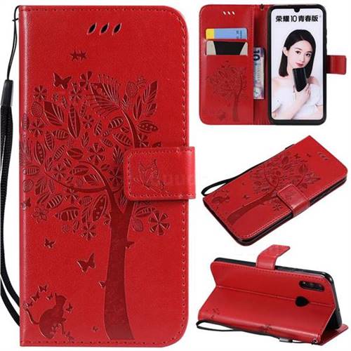 Embossing Butterfly Tree Leather Wallet Case for Huawei P Smart (2019) - Red