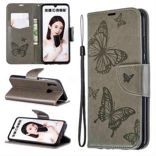 Embossing Double Butterfly Leather Wallet Case for Huawei P Smart (2019) - Gray
