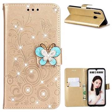 Embossing Butterfly Circle Rhinestone Leather Wallet Case for Huawei P Smart (2019) - Champagne