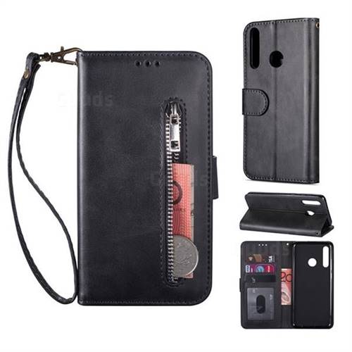 Retro Calfskin Zipper Leather Wallet Case Cover for Huawei P Smart (2019) - Black