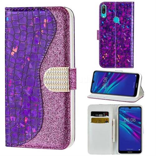Glitter Diamond Buckle Laser Stitching Leather Wallet Phone Case for Huawei P Smart (2019) - Purple