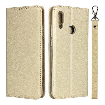 Ultra Slim Magnetic Automatic Suction Silk Lanyard Leather Flip Cover for Huawei P Smart (2019) - Golden