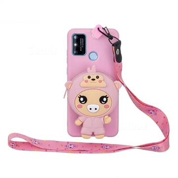 Pink Pig Neck Lanyard Zipper Wallet Silicone Case for Huawei P Smart (2020)
