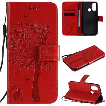 Embossing Butterfly Tree Leather Wallet Case for Huawei P Smart (2020) - Red