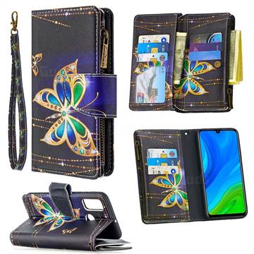 Golden Shining Butterfly Binfen Color BF03 Retro Zipper Leather Wallet Phone Case for Huawei P Smart (2020)