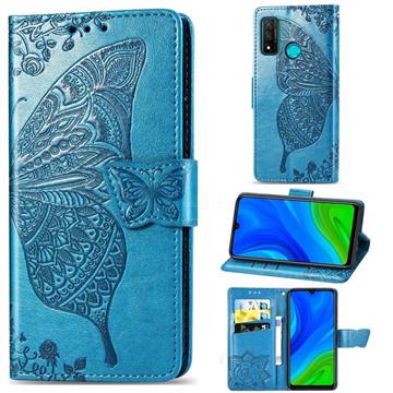 Embossing Mandala Flower Butterfly Leather Wallet Case for Huawei P Smart (2020) - Blue