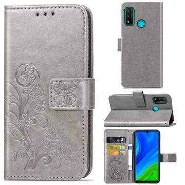 Embossing Imprint Four-Leaf Clover Leather Wallet Case for Huawei P Smart (2020) - Grey