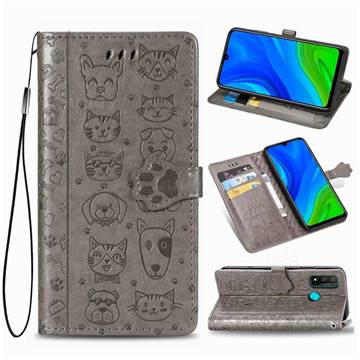 Embossing Dog Paw Kitten and Puppy Leather Wallet Case for Huawei P Smart (2020) - Gray