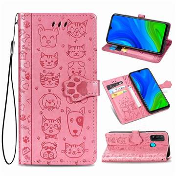 Embossing Dog Paw Kitten and Puppy Leather Wallet Case for Huawei P Smart (2020) - Pink