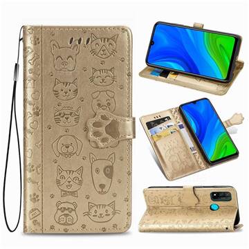 Embossing Dog Paw Kitten and Puppy Leather Wallet Case for Huawei P Smart (2020) - Champagne Gold