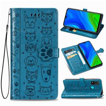 Embossing Dog Paw Kitten and Puppy Leather Wallet Case for Huawei P Smart (2020) - Blue