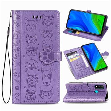 Embossing Dog Paw Kitten and Puppy Leather Wallet Case for Huawei P Smart (2020) - Purple