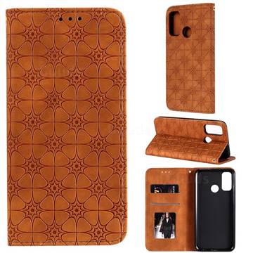 Intricate Embossing Four Leaf Clover Leather Wallet Case for Huawei P Smart (2020) - Yellowish Brown