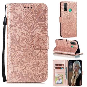 Intricate Embossing Lace Jasmine Flower Leather Wallet Case for Huawei P Smart (2020) - Rose Gold