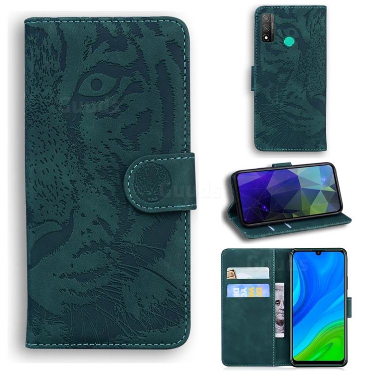 Intricate Embossing Tiger Face Leather Wallet Case for Huawei P Smart (2020) - Green