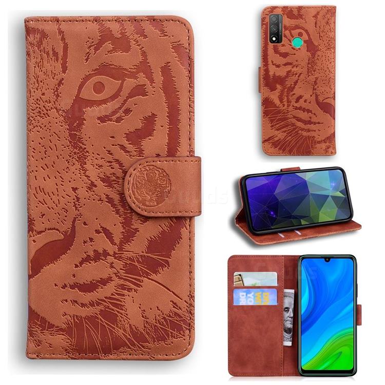 Intricate Embossing Tiger Face Leather Wallet Case for Huawei P Smart (2020) - Brown