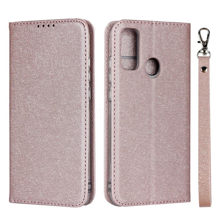 Ultra Slim Magnetic Automatic Suction Silk Lanyard Leather Flip Cover for Huawei P Smart (2020) - Rose Gold