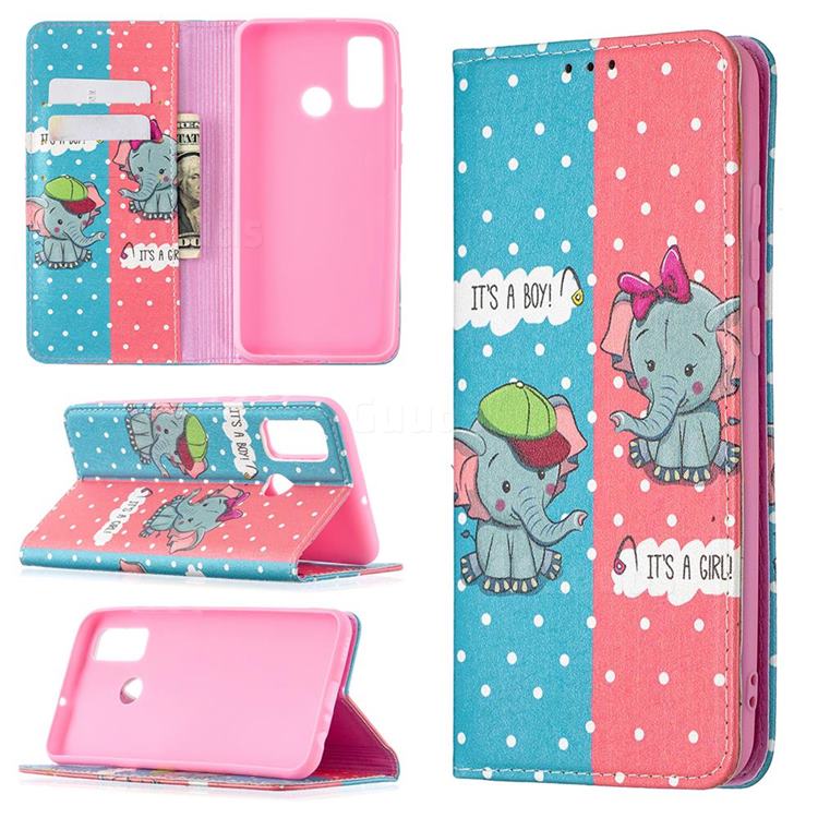 Elephant Boy and Girl Slim Magnetic Attraction Wallet Flip Cover for Huawei P Smart (2020)